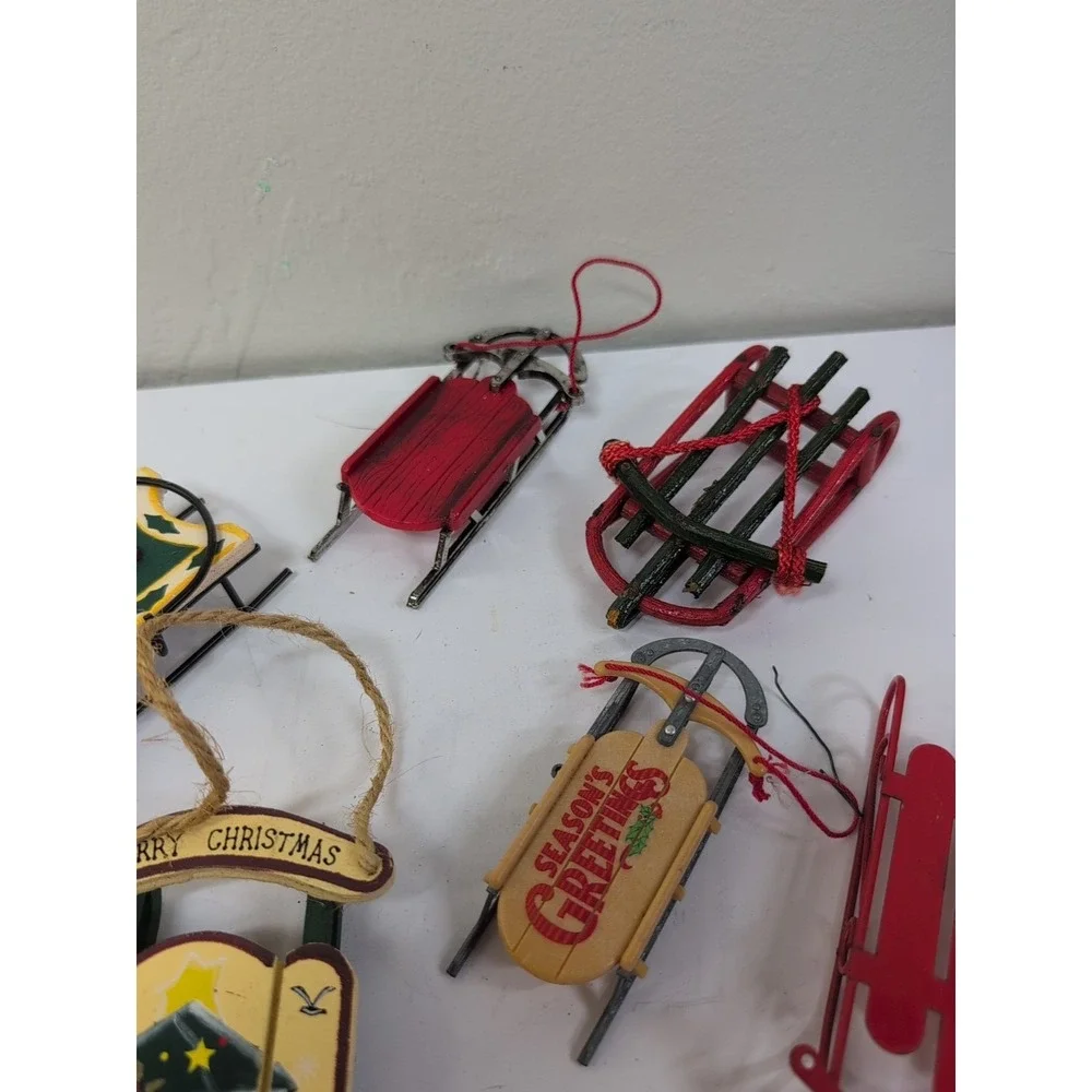Vintage Christmas Wooden Metal Sled Tree Ornament Lot Of 6